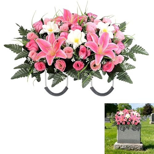 Hibsotco Cemetery Flower Saddle - Grave Flowers for Cemetery,Artificial Rose, Lily & Orchid Arrangement for Headstone - All-Weather Grave Decor for Outdoor Tombstone Headstone Decorations (Pink)