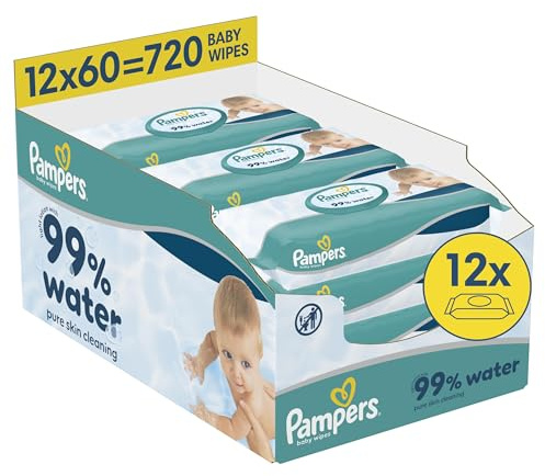 Pampers 99% Water Baby-Feuchttücher, 12 Packungen mit je 60 Feuchttüchern = 720 Baby-Feuchttücher, leichte Lotion mit 99% Wasser
