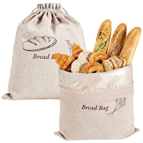 2 Pack Bread Bags, Bread Storage Bags with TPU Lined and Drawstring, Bread Bags For Homemade Bread, Reusable Linen Bread Bag for Bread, Potatoes, And Other