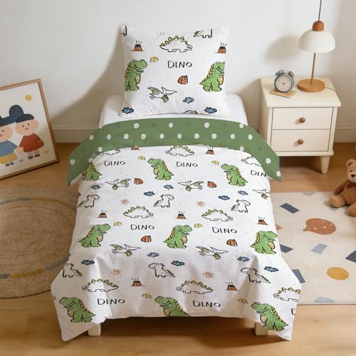 DJDEA Ropa de cama infantil de algodón con diseño de dinosaurios (2 piezas) - Ropa de cama infantil de 135 x 200 cm con funda de almohada de 80 x 80 cm para niños y niñas con cremallera