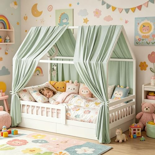 Hausbett Himmel, 2 Stück Betthimmel Hausbett, Stoffhimmel für Hausbetten, Hausbett Himmel Deko Set, Betthimmel Hausbett Musselin für Jungen Mädchen Deko für Kinderzimmer, 67 x 270cm (Grün 67 x 270cm)