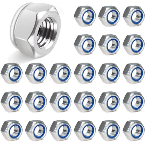 MKEAWWU Viti M6, Dadi Autobloccanti In Acciaio Inox A2, Esagonali Din985, Argento, M6, 25 Pezzi