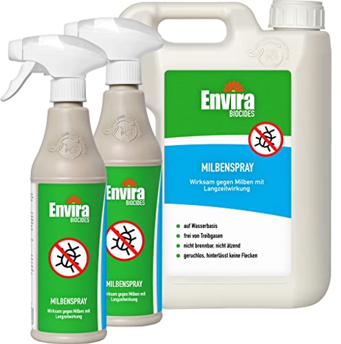 Envira Milben Abwehrspray 2 x 500 ml + 2 Liter - Spray mit Langzeitwirkung gegen Milben & Hausstaubmilben - Milbenschutz für Matratzen - Mittel gegen Milben in der Wohnung