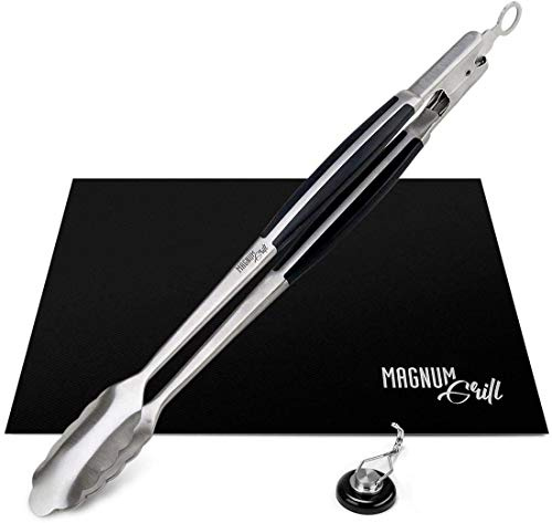 Magnum Grill Grilling Accessories | BBQ Tools Set with 18 Grill Tongs, BBQ Grill Mat and Extra Strong Magnetic Hook for Hanging on Barbeque | Heavy Duty Metal Tongs Grill Set