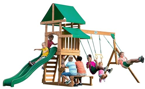 Backyard Discovery Belmont 100% Cedar Wood Swing Set | Outdoor Playground for Kids | Garden Climbing Frame for Children | 1 Trapeze and 2 Belt Swings | 2.4m Wave Slide | Rock Wall Ladder