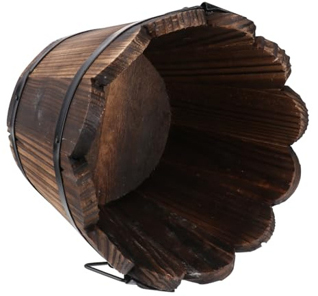 Happyyami Solid Wood Carbonised Flower Pot Rustic Wooden Barrel Planter with Drainage Hole for Indoor Outdoor Home Decor Succulents Small Plants 7.3 Inch