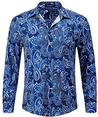 HISDERN Paisley Shirts for Men Blue Long Sleeve Casual Funky Shirt Button Down Fancy Shirt Regular Fit XL