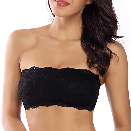 WOWENY Sujetador Bandeau Bralette sin Tirantes Sujetador Mujer Bandeau Invisible Boob Tube sin Aros con Transparentes Relleno Bandeau Encaje Floral Las Negro S