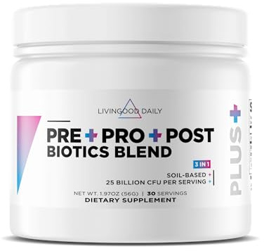 Livingood Daily Pre Pro Post Biotics Blend Powder, Digestive Health Supplement with Prebiotics from Organic Blue Agave Inulin, SBO Probiotics, Probiotics for Women & Men, Non GMO, Vegan, 30 Servings