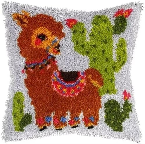 ROCKY&CHAO Knüpfteppich Zum Selber Knüpf-Sets mit Kissen knüpfen-Set 43x43cm Kissenbezug-Set für Erwachsene Latch Hook Kit Heimaccessoire（Alpaka）