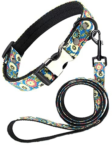 TONYFY Personalisierte Floral Hundehalsband mit Einstellbarer benutzerdefinierte gravierte Namensschild Hundehalsband mit Metallschnalle für große, mittelgroße Hunde Welpen (Blau, L)