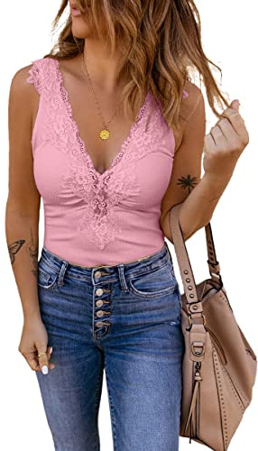 GeGekoko Top da donna sexy in pizzo con scollo a V, top estivi eleganti, canottiere senza maniche, camicia blusa., Colore: rosa., M
