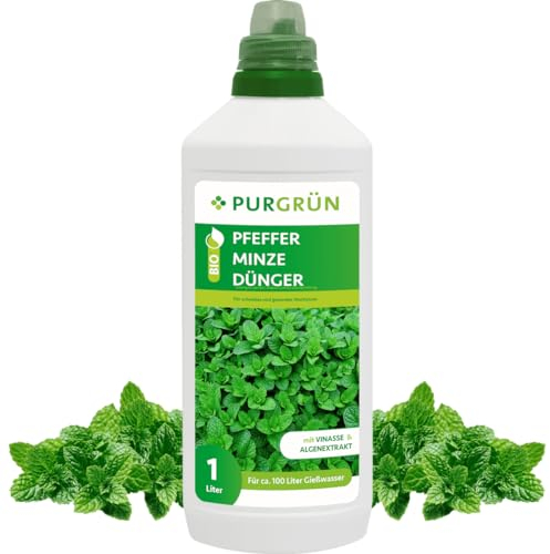 Purgrün® Bio-Pfefferminze-Dünger 1 Liter – Organische Rezeptur – Premium-Flüssigdünger – NPK 4+1+7 – Mit Algenextrakt & Vinasse – Extra Kalium für intensives Aroma – Ohne tierische Inhaltsstoffe