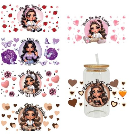 Yalulu 6 Blätter Mädchen UV DTF Transfer Aufkleber Klar Film Transfer Papier, Wasserfeste Rub on Transferaufkleber Becher Wickeln Transfers Sticker für Glas Tassen