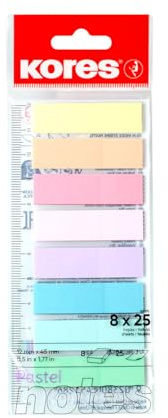 Kores Pastel Film Index Tabs - Self-Adhesive Page Markers for Study Planners, Books and Office Filing, 12 x 45 mm, 8 Assorted Pastel Colours, 25 Sheets per Colour