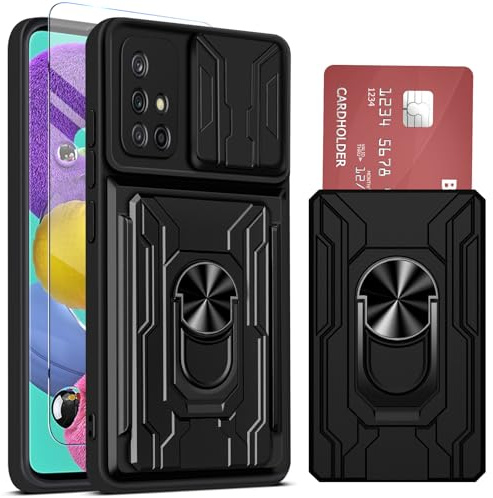 für Samsung Galaxy A51 Hülle mit Kameraschutz & Kartenschlitz, Schutzhülle Galaxy A51 mit 2 Schutzfolie, 360° Metall Ring Ständer Stoßfest Bumper Case