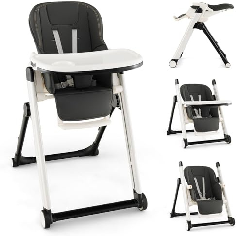 COSTWAY Trona Plegable para Bebés, Silla de Alimentación para Dormir con Respaldo Reclinable, Altura y Reposapiés Ajustables, Trona con Arnés de 5 Puntos,2 Bandejas y Ruedas Bloqueables