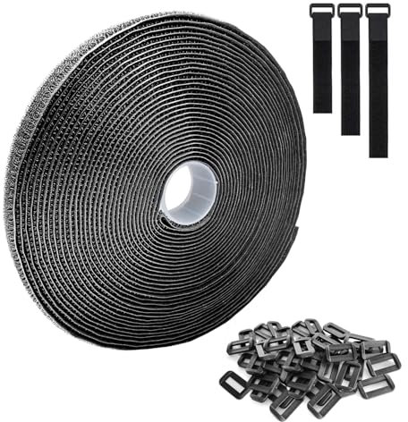Fascette Fermacavi 10m x 2cm Nastro in con 50 fibbie Chiusura in Fascette regolabili, tagliabili a misura e riutilizzabili, per cavi, corde, fili, tubi Fascette in extra resistenti Nero