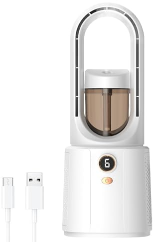 Ventilador sin aspas | Ventilador pequeño de escritorio sin aspas – Recargable y silencioso, con humidificador, iluminación ambiental para el hogar, cocina, dormitorio, apartamento, viajes al aire
