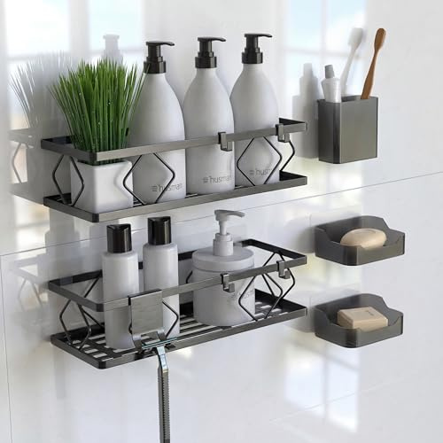 husman® Duschablage-Set ohne Bohren | Matt-Schwarz | 10-teilig mit Ablaufrillen | Kleben statt Bohren | Duschkorb Wandregal Duschregal Badregal Deko Badezimmer Organizer Regal für Bad & Küche