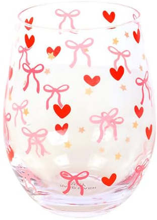 Tech Island Wine Glasses, Stemless Water Glass, Printed Clear Crystal Glass Ideal for Sassy, Party, Cocktails, Whiskey Drinking Tumbler Mother’s Day Birthday,Gift (Bow and Heart Print)