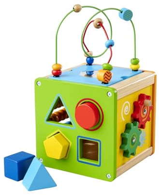 Eichhorn Piccolo cubo di Gioco e di apprendimento – Giocattolo motorio con Funzione Girevole e Scorrevole, Fiocco Motore e Specchio, in Legno di Betulla Certificato FSC e Compensato, 15 x 15 x 27 cm