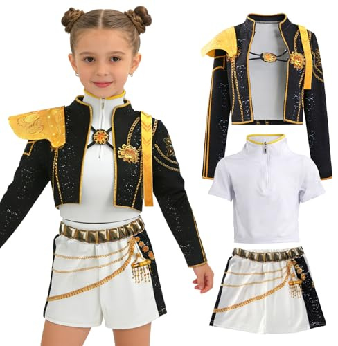 nezafly Anime Cosplay Costume Kids Girls Black Stage Outfits Set Halloween | Jacket, Top, Shorts, Gold Printing, Carnival Fancy Dress, Stage Performer Uniform, Dance Shows, Long Sleeve, Birthday Parties