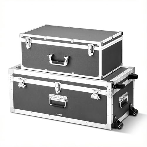VEVOR Lot de 2 Caisses de Transport, Coffre de Rangement à Roulettes avec 3 Poignées Métalliques, Valises pour Déménagement, Voyage, Stockage d'Outils, Cadre en Métal et Cadenas à Combinaison, Grises