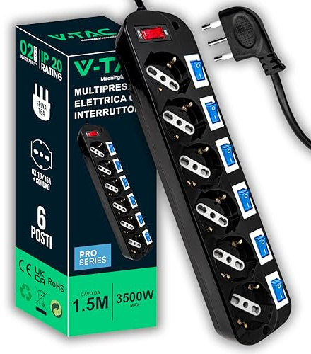 V-TAC Multipresa Elettrica Nera 6 POSTI con Interruttori Indipendenti - 6 Prese 10/16A Bipasso + Schuko - Spina 16A - Ciabatta - Presa Elettrica per Casa, Ufficio, Negozio - Colore Nero