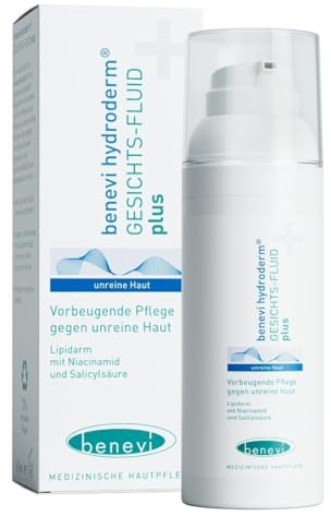 benevi hydroderm Gesichts-Fluid plus 50 ml für unreine, zu Akne neigende Haut ohne Entzündungszeichen. Leichte, lipidarme Pflege mit Milchsäure, Salicylsäure und Nicotinamid.