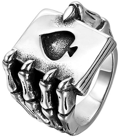 JewelryWe Mens Stainless Steel Ring, Gothic Skull Hand Claw Poker Playing Card, Black Silver
