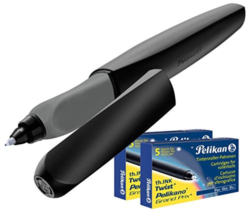 Pelikan 947093 Twist Tintenroller universell für Rechts- und Linkshänder, schwarz + 10 Tintenroller - Patronen