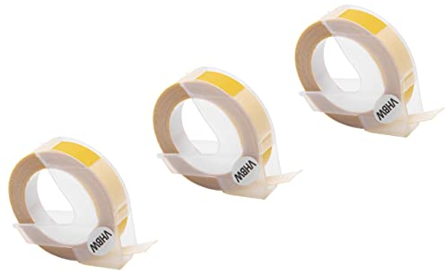 vhbw 3x 3D Prägeband-Schriftband-Kassette kompatibel mit Dymo 1855, 1880, 18577, 20008CP, 1805 Etiketten-Drucker 3m x 9mm Weiß auf Gelb