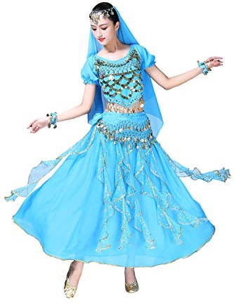 ORIDOOR Women Belly Dance Dress Indian Bollywood Halloween Costume Chiffon Skirts Shiny Belly Dance Suits 5-piece Outfit #4 Lake Blue