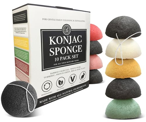 Bare Essentials Living - Konjac Sponges Set (10 Pack) with Activated Bamboo Charcoal Facial Sponge, Natural, Great for Facials, Bath, and Exfoliating Body Sponge