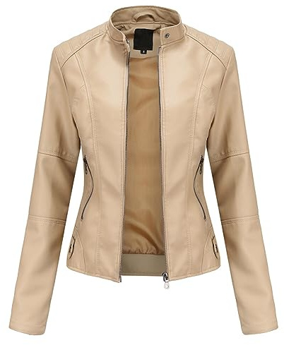 YYNUDA Giacca in pelle da donna, corta, per le mezze stagioni, in ecopelle, con chiusura lampo, per autunno（Beige M）