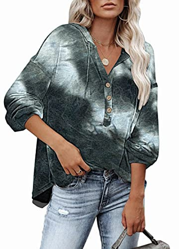 PLOKNRD Winter Lightweight hoodies for Women Long Sleeve Tie Dye Black Henley Shirt 2XL