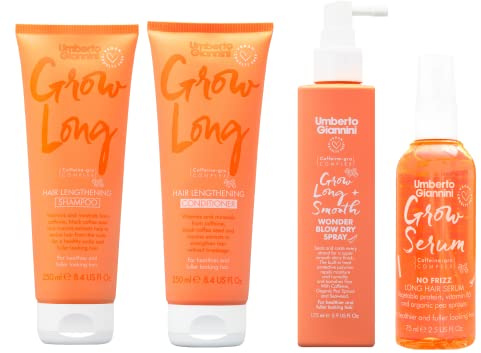 Umberto Giannini Grow Long Wash & Style Kit - Shampoo, Conditioner, Blow Dry Spray & Serum - Vegan & Cruelty Free Root Stimulating Hair Growth Kit for Hair Loss, 4 Piece Set