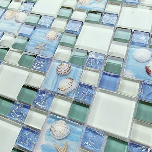 Glänzende Glasfliese, Strandfliese, Eisriss, blaues Mosaikharz, mit Muscheln, Seestern, Badezimmerfliesen, Boden- und Wandfliesen (5 m²)