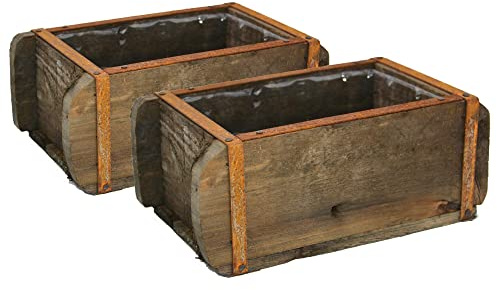 UNUS Garden 2er Set alte Ziegelform Holz Pflanzgefäß mit Kunststoffeinsatz | Vintage Holzkiste mit Metallbeschlägen, Aufbewahrungsbox 22x12x9cm