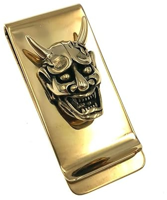 Brass Skull Pendant Slim Cash Money Clip Wallet Credit Card Holder Handwork Mens Accessories Cosplay Gift, Gold, Small