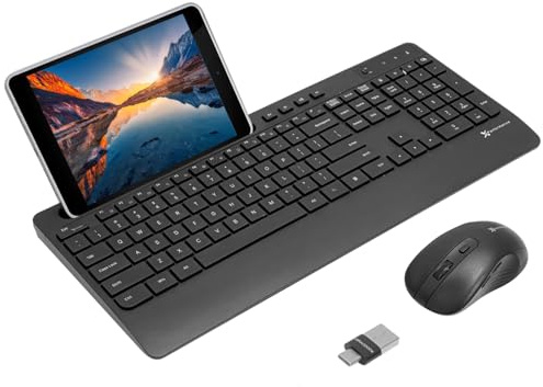 X9 Wireless Keyboard and Mouse Combo - Dual USB Port Compatibility (USB A + Type C) - USB C Wireless Keyboard and Mouse Set - Fullsize Wireless USB Keyboard with 10 Phone Tablet Holder