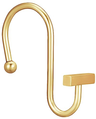 Gold Shower Curtain Hooks, Modern Decorative Shower Curtain Rings for Bathroom, CHICTIE Brass Metal Rustproof Shower Hooks Hangers for Shower Curtain Rod, Square T Bar Shape Set of 12