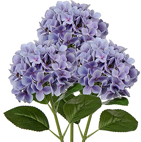 3 hortensias artificiales decorativas moradas con tallo de 63 cm de largo, hortensias de seda de tacto real para el hogar, hotel, oficina, boda, decoración de novia, arreglos florales