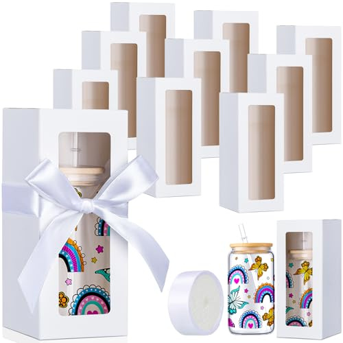 Honoson 24 Pcs Tumbler Gift Box with Ribbon for Sublimation Glass Exhibition Boxes Transparent for 12oz 16oz 20oz Drinking Cup Glasses Jars Mug Can Blanks (White)