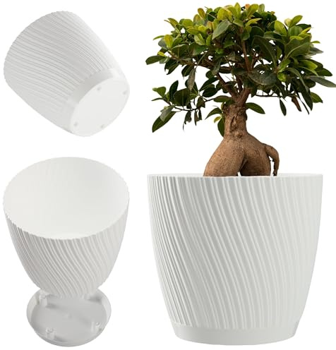 KADAX Blumentopf mit Untersetzer, Pflanzentopf in dreidimensionalen Wellenform, Pflanzkübel aus Kunststoff, Dekorativer Topf für Blumen, Kakteen und Kräuter (15 cm, Weiß)