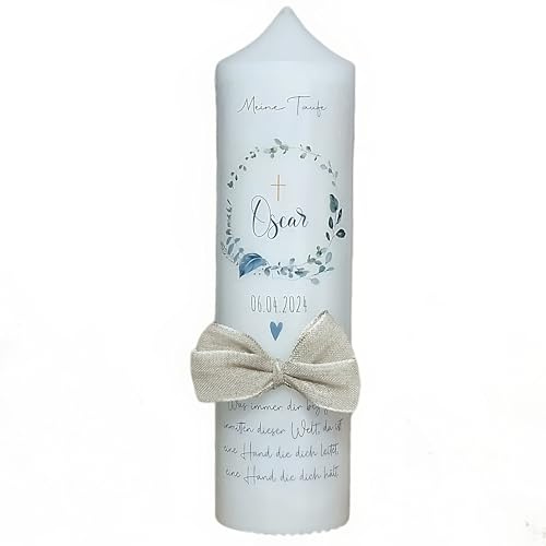 TAUFKERZE | KOMMUNIONKERZE | KONFIRMATIONKERZE  Oscar -Blumenkranz mit Schleife- für Mädchen und Jungen | beschriftet mit Namen und Datum, Taufspruch