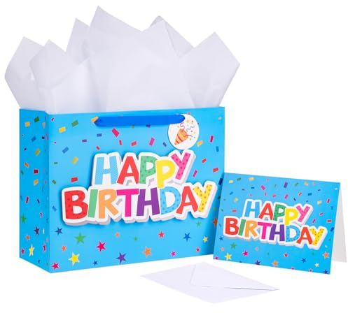 Holijolly 33 CM Geburtstag Geschenktüte, Blau Medium Geschenktüte mit Seidenpapier, Geschenkanhänger und Karte - Happy Birthday Schriftzug 3D Paster Design