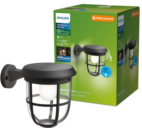 PHILIPS Outdoor Ultra-Efficient Solar Radii Wandleuchte 1,3W, Linkable Sensor, 3000 Kelvin, IP44 wetterfest, schwarz