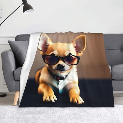JBYJBX Chihuahua-Hundebrille, 1 Druck, Sofa, Bett, Dekoration, Büro, Anti-Pilling, Flanell, Überwurf, Decke, 127 x 152 cm, Geschenk für alle Jahreszeiten